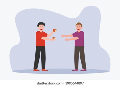 Sharing food vector concept: Young man sharing bread to his hungry friend while standing together 