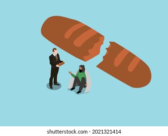 Sharing food vector concept. Young businessman sharing bread to homeless man while standing with divided bread by two