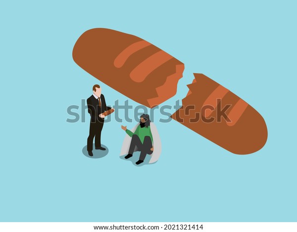 Sharing food\
vector concept. Young businessman sharing bread to homeless man\
while standing with divided bread by\
two