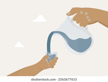 Sharing the Gift of Water. adult hand pouring water from a pitcher into a glass held by a child's hand, symbolizing the importance of sharing and caring for water resources. Water conservation vector.