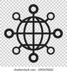 Sharing globe icon in flat style. Digital connect illustration on isolated transparent background. Teamwork communication business concept.