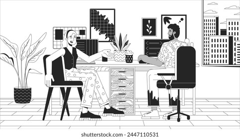 Sharing home office black and white line illustration. Multiracial colleagues working together in apartment 2D characters monochrome background. Coworking space outline scene vector image