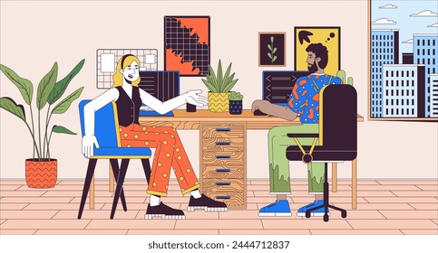 Sharing home office cartoon flat illustration. Multiracial colleagues working together in apartment 2D line characters colorful background. Coworking space scene vector storytelling image