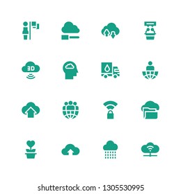 sharing icon set. Collection of 16 filled sharing icons included Cloud computing, Cloud, Charity, Wireless, Leader, Donation, Computing cloud, Interview, Leadership