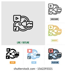  sharing icon in six different styles, based on outline style, seo icon set, vector
