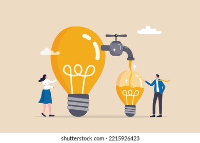 Sharing Idea Or Knowledge Sharing, Transfer Information Or Wisdom To Employees Or Colleagues, Creativity Or Innovation, Learning New Skills Concept, Business People Transfer Idea To New Lightbulb.