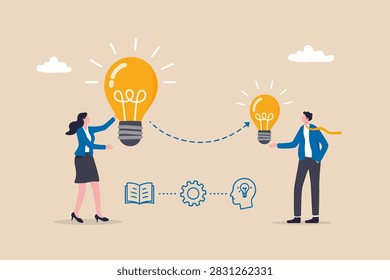 Sharing idea or knowledge sharing, transfer information or wisdom to employees or colleagues, creativity or innovation, learning new skills concept, busine vector