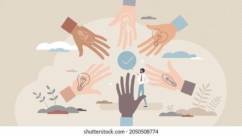 Compartir ideas con el creativo e innovador concepto de poder de trabajo en equipo de una pequeña persona. Conectando entre sí diversos pensamientos y la nueva ilustración vectorial de la solución. Asociación y colaboración.