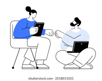 Sharing ideas with tablets and laptops. One person on chair, other on floor. Ideal for teamwork, or digital communication, remote work, classroom environment, modern office meeting. Simple vector styl