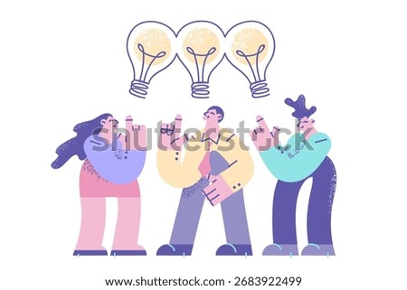 Sharing ideas, teamwork, collaboration concept. People partners thinking same idea concept, standing discussing project together, smart thinking sharing lightbulb lamp idea vector illustration