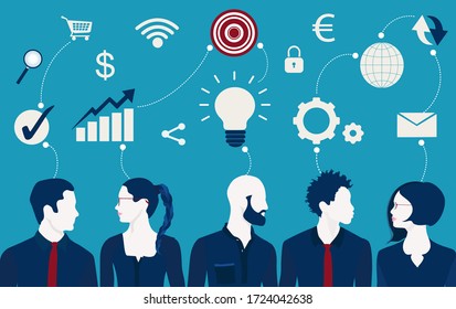Sharing ideas and technology for the future. Connection and exchange of ideas or data. Communication and network between people. Upload and download data. Mind Map. Network teamwork