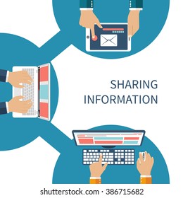 Sharing Information Concept Vector. Social Network, Information Exchange, Data, Web, Internet. Connection And Share. Flat Design. Global Communication. Vector Illustration. User Device On Sign Share.