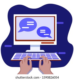 Sharing of information, ideas over the Internet. Hands typing text on the computer keyboard. Chatting, social addiction, Internet communication concept. Social networking service. Vector illustration.