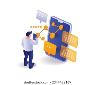 Compartir información con smartphones ilustración plana e isométrica