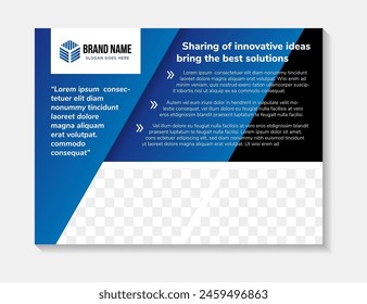 sharing of innovative ideas banner, photo workshop flyer template design, space for photo collage magazine cover suitable for brochure cover or advertising poster. blue, black and white colors.