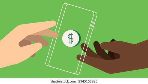 Sharing investment finance through digital app hands minimal vector illustration