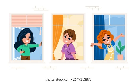 sharing kid neighbors vector. community playground, interaction curiosity, learning fun sharing kid neighbors character. people flat cartoon illustration