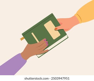 Sharing knowledge, Book in hands, Concept of reading and literature. Education and knowledge vector concept. Hands holding books.