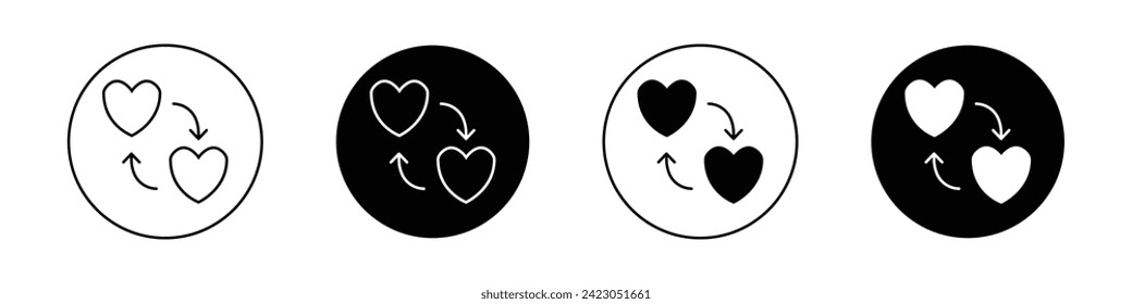 Juego de iconos de amor compartido. Símbolo de asociación cardíaca y vector de pasión en un estilo negro relleno y delineado. Signo de enlace afectivo