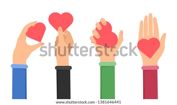 Sharing love and peace flat illustration. Hands holding hearts symbolising kindness, generosity. Teamwork, partnership and cooperation in charity, volunteering, humanitarian aid, making donations