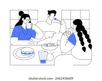 Compartiendo Ilustraciones vectoriales aisladas de caricaturas de almuerzo. Grupo de adolescentes felices almorzando juntos en el comedor, la vida estudiantil, la rutina diaria del campus, la diversidad de la caricatura del Vector de comida universitaria.