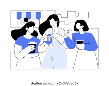 Compartiendo comida aislada ilustración vectorial de dibujos animados. Chicas sonrientes que comen fuera juntos, disfrutando de una comida sabrosa, divertirse al picar algo, tiempo de ocio, gente estilo de vida urbano vector de dibujos animados.