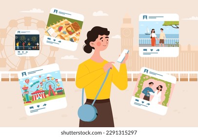 Sharing moments concept. Woman with smartphone on background of buildings publishes interesting content on social networks. Vacation and holiday. Cartoon flat vector illustration