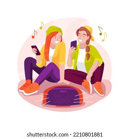 Sharing music with friends isolated cartoon vector illustration. Hipster style teenage girls listening music together, friends lifestyle, portable speakers, entertainment time vector cartoon.