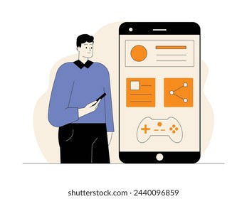 Sharing with other gamers on application and game development, vector illustration.