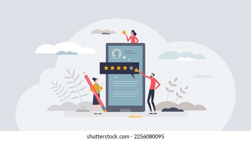 Sharing positive review or evaluate service with feedback tiny person concept. Satisfaction rating for product quality with stars comment vector illustration. Excellent consumer online recommendation