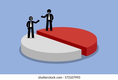 Sharing profit between two shareholders or businessman. Vector artwork depicts the company income is shared and split into half or 50-50 percent. The partners are happy and satisfied. 