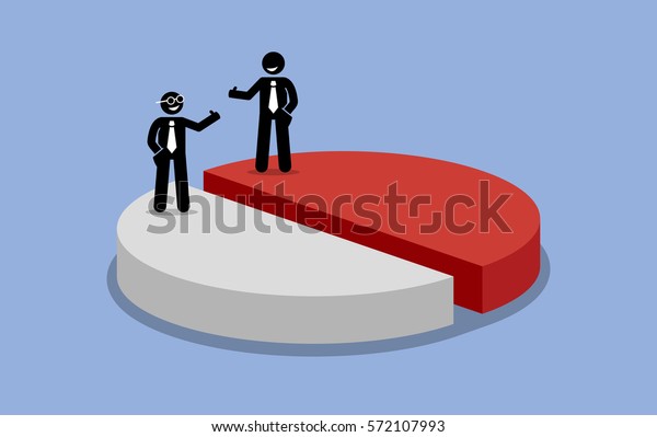 Sharing\
profit between two shareholders or businessman. Vector artwork\
depicts the company income is shared and split into half or 50-50\
percent. The partners are happy and satisfied.\
