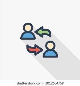 sharing, public communication, thin line flat color icon. Linear vector illustration. Pictogram isolated on white background. Colorful long shadow design.