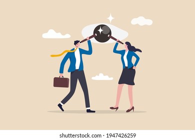 Sharing same business vision, teamwork strategy to achieve goal together, work collaboration to win same mission concept, business people team members using telescope to look into same visionary.