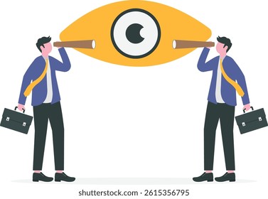 Sharing same business vision, teamwork strategy to achieve goal together, work collaboration to win same mission concept, business people team members using telescope to look into same visionary.

