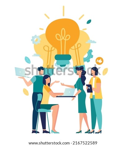
Sharing and search business ideas. collaboration brainstorming and meeting of creative creative people with light bulb ideas. Finding creative solutions to tasks, office workers share ideas vector