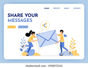 Sharing and sending email. Woman and man holding 3d envelope to communication and discussion. Send messages with internet. Email with 3d style. Illustration for landing page, web, website, poster, ui