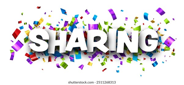 Sharing sign over cut out foil ribbon confetti background. Design element. Vector banner illustration.