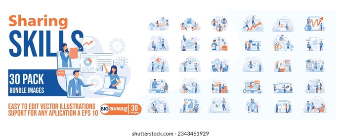 Sharing skills concept illustration, collection of male and female business people scenes in the sharing skills scene. mega set flat vector modern illustration