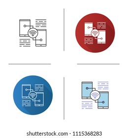 Sharing smartphone wifi icon. Internet connection. Flat design, linear and color styles. Isolated vector illustrations