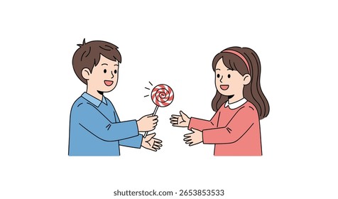 Sharing a sweet treat young boy generously offers a lollipop to a happy girl symbolizing friendship and kindness