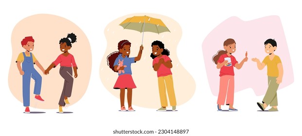 Sharing Sweets or Umbrella, Helping Others, Walk Together, Showing Kindness And Following Rules Are Examples Of Children's Good Behavior Scenes with Kids Characters. Cartoon People Vector Illustration