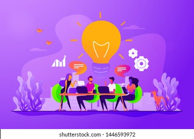Sharing thoughts, ideas, teamwork in company. Colleagues working on project. Start up launching, business success, brainstorm meeting concept. Vector isolated concept creative illustration