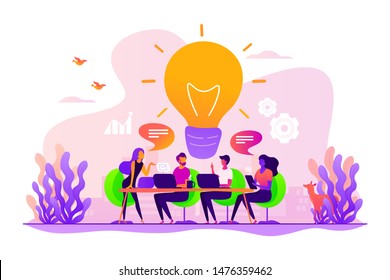 Sharing thoughts, ideas, teamwork in company. Colleagues working on project. Start up launching, business success, brainstorm meeting concept. Vector isolated concept creative illustration