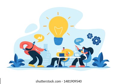 Sharing thoughts, ideas, teamwork in company. Colleagues working on project. Start up launching, business success, brainstorm meeting concept. Vector isolated concept creative illustration