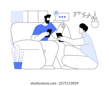 Sharing thoughts isolated cartoon vector illustrations. Young guys looking at smartphone display together, best friends communication and relationship, share impressions vector cartoon.