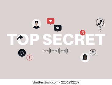 Sharing a top secret, a sign surrounded with icons, indicating a breach of sensitive information