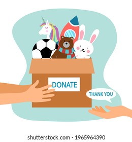 Sharing toy to children. Toy donation concept. Hand holding box full of dolls and toy in flat design vector illustration. Time for charity.