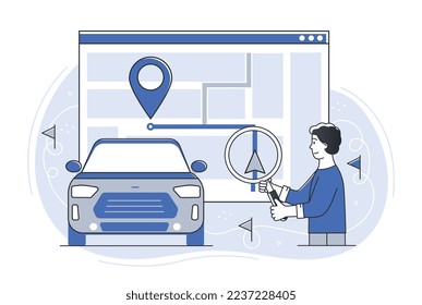 Sharing transport concept. Young guy with magnifying glass evaluates route of car. Navigation and geolocation, GPS. Modern technologies and digital world metaphor. Cartoon flat vector illustration