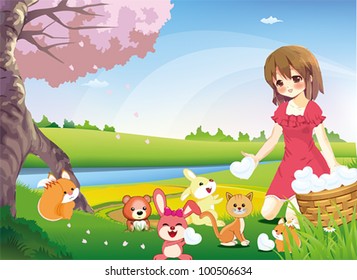Sharing True Love to the world. Cute young cartoon girl is sharing pure heart and love to animal in the wood and river nature landscape in valentine, create by vector